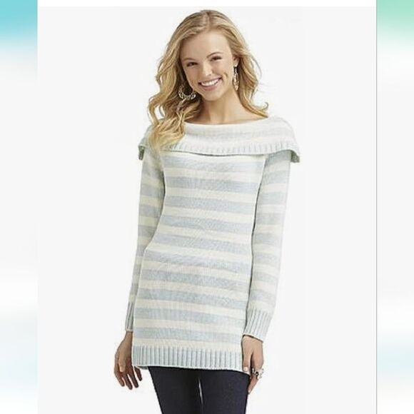 Bongo Fold-Over Cowl Neck Striped Tunic Sweater Icy Blue Shimmer Small NWOT - Picture 2 of 8